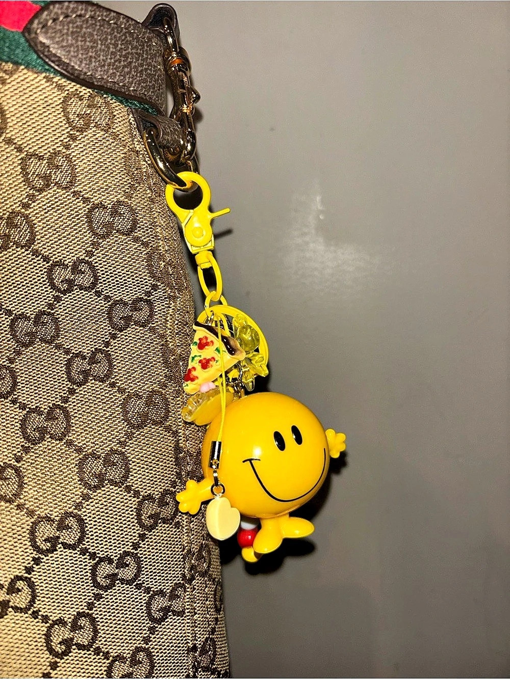 Mr. Happy Yellow Bag Charm Keychain Kawaii Beaded Pizza Candy Purse Charm